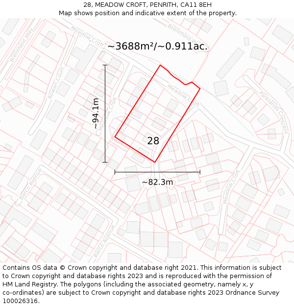 28, MEADOW CROFT, PENRITH, CA11 8EH: Plot and title map