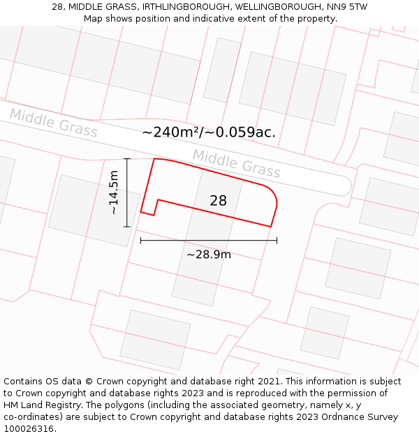 28, MIDDLE GRASS, IRTHLINGBOROUGH, WELLINGBOROUGH, NN9 5TW: Plot and title map