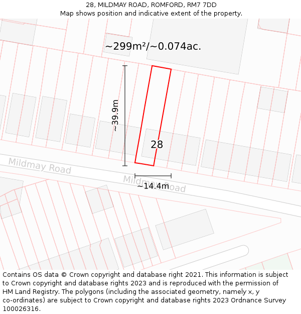 28, MILDMAY ROAD, ROMFORD, RM7 7DD: Plot and title map