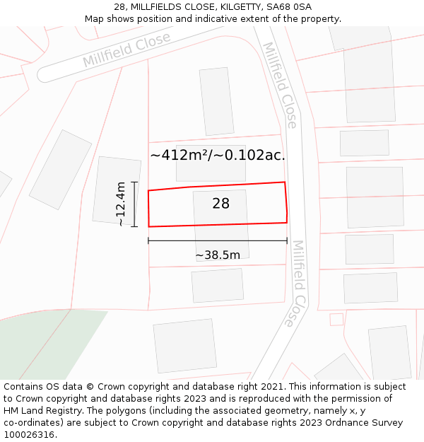 28, MILLFIELDS CLOSE, KILGETTY, SA68 0SA: Plot and title map