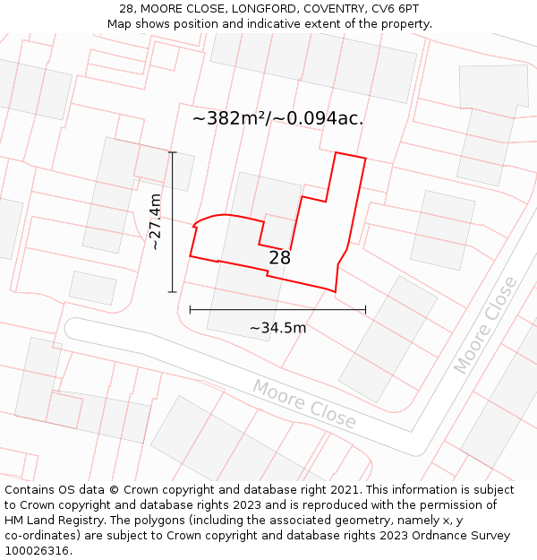 28, MOORE CLOSE, LONGFORD, COVENTRY, CV6 6PT: Plot and title map