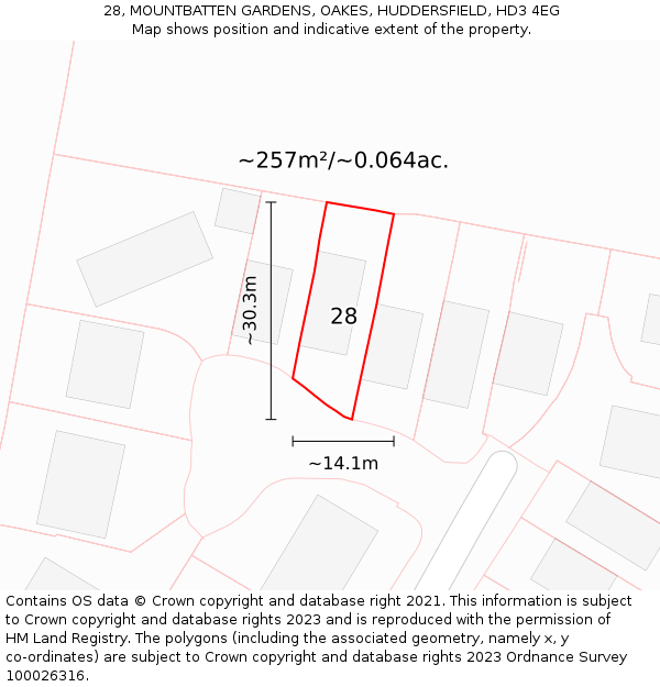 28, MOUNTBATTEN GARDENS, OAKES, HUDDERSFIELD, HD3 4EG: Plot and title map