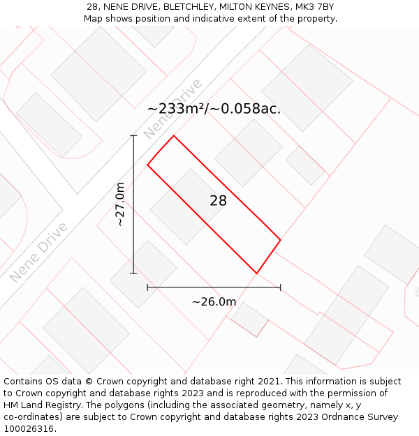 28, NENE DRIVE, BLETCHLEY, MILTON KEYNES, MK3 7BY: Plot and title map