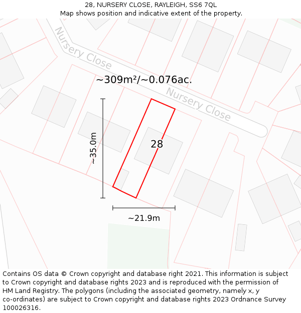 28, NURSERY CLOSE, RAYLEIGH, SS6 7QL: Plot and title map