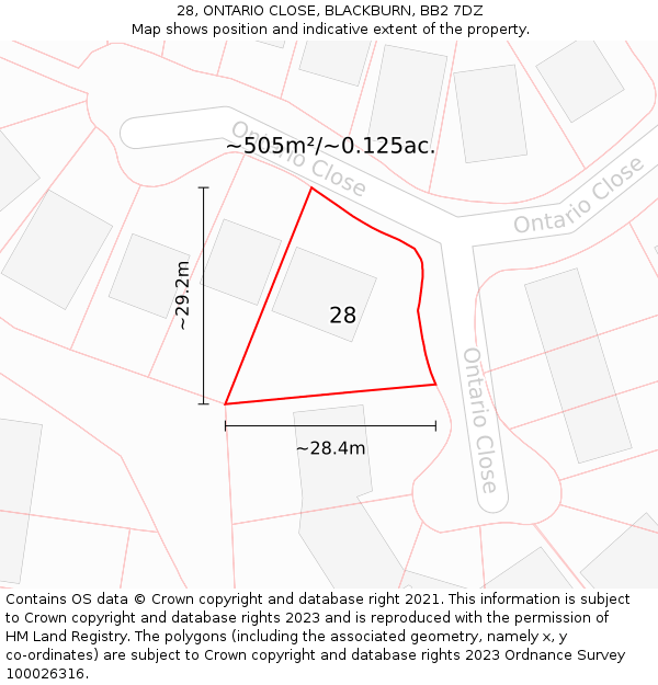 28, ONTARIO CLOSE, BLACKBURN, BB2 7DZ: Plot and title map