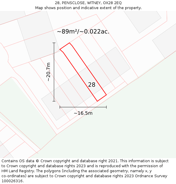 28, PENSCLOSE, WITNEY, OX28 2EQ: Plot and title map