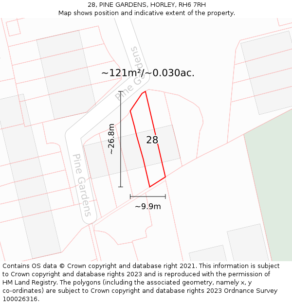 28, PINE GARDENS, HORLEY, RH6 7RH: Plot and title map