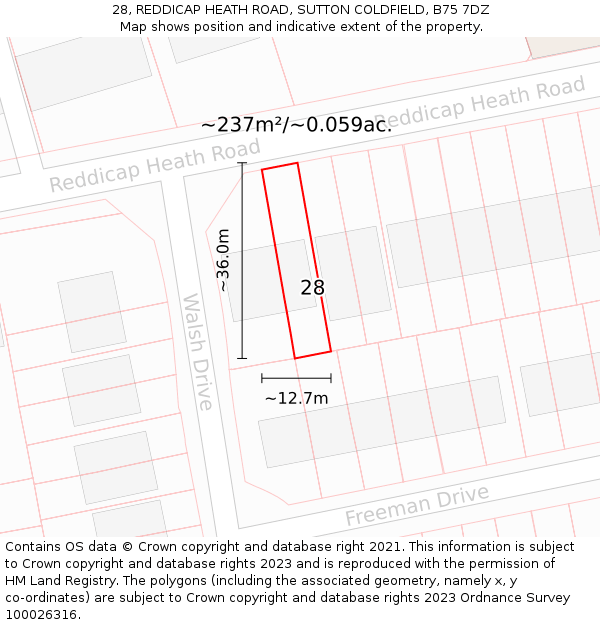 28, REDDICAP HEATH ROAD, SUTTON COLDFIELD, B75 7DZ: Plot and title map