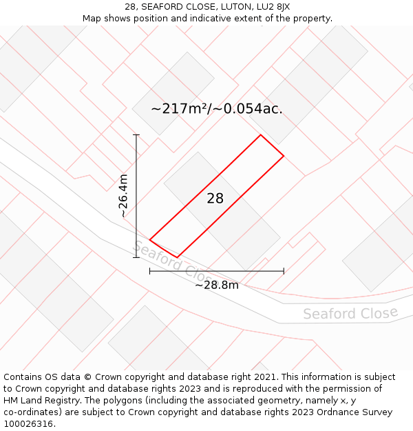 28, SEAFORD CLOSE, LUTON, LU2 8JX: Plot and title map