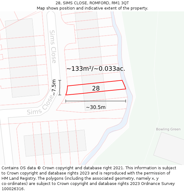 28, SIMS CLOSE, ROMFORD, RM1 3QT: Plot and title map