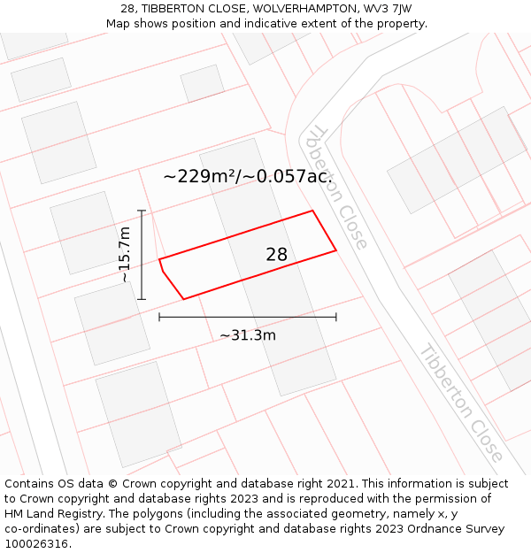 28, TIBBERTON CLOSE, WOLVERHAMPTON, WV3 7JW: Plot and title map