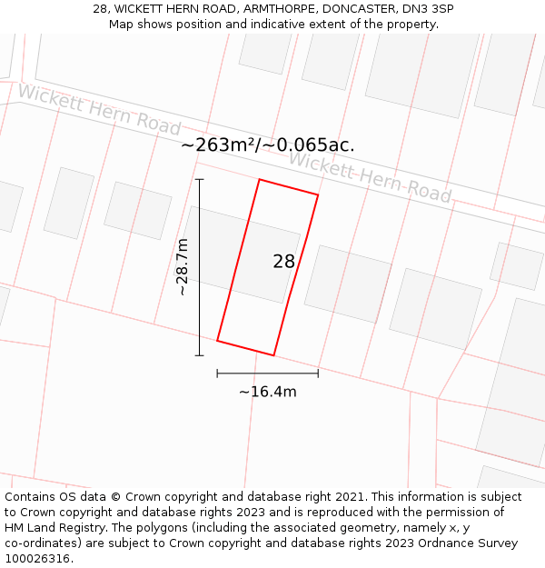 28, WICKETT HERN ROAD, ARMTHORPE, DONCASTER, DN3 3SP: Plot and title map