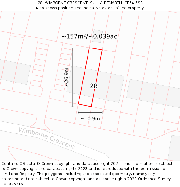 28, WIMBORNE CRESCENT, SULLY, PENARTH, CF64 5SR: Plot and title map