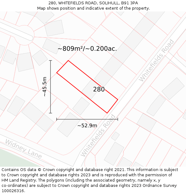 280, WHITEFIELDS ROAD, SOLIHULL, B91 3PA: Plot and title map