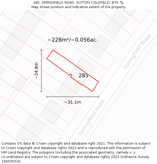 285, SPRINGFIELD ROAD, SUTTON COLDFIELD, B75 7JL: Plot and title map
