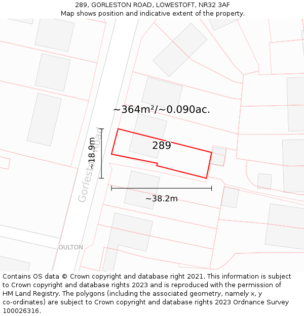 289, GORLESTON ROAD, LOWESTOFT, NR32 3AF: Plot and title map
