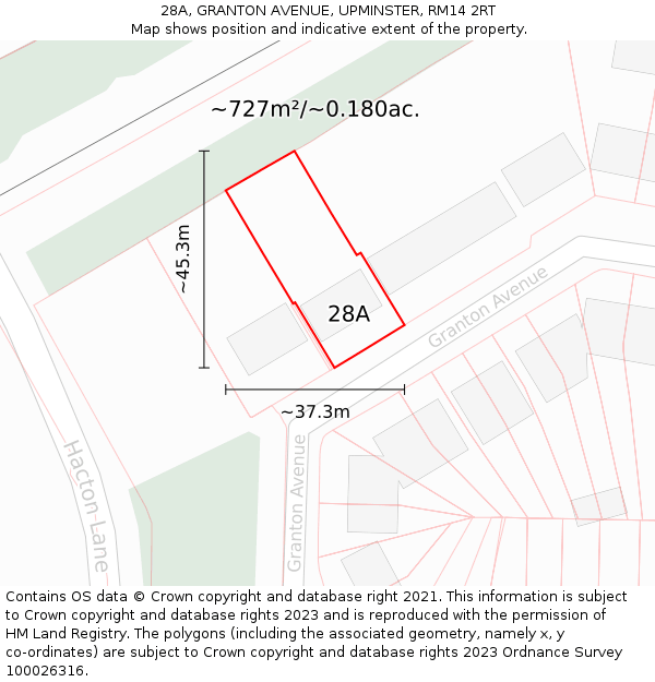 28A, GRANTON AVENUE, UPMINSTER, RM14 2RT: Plot and title map