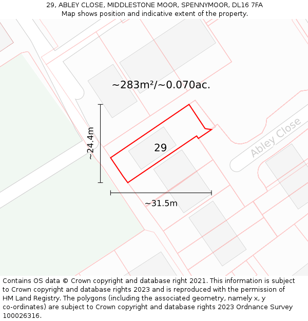 29, ABLEY CLOSE, MIDDLESTONE MOOR, SPENNYMOOR, DL16 7FA: Plot and title map