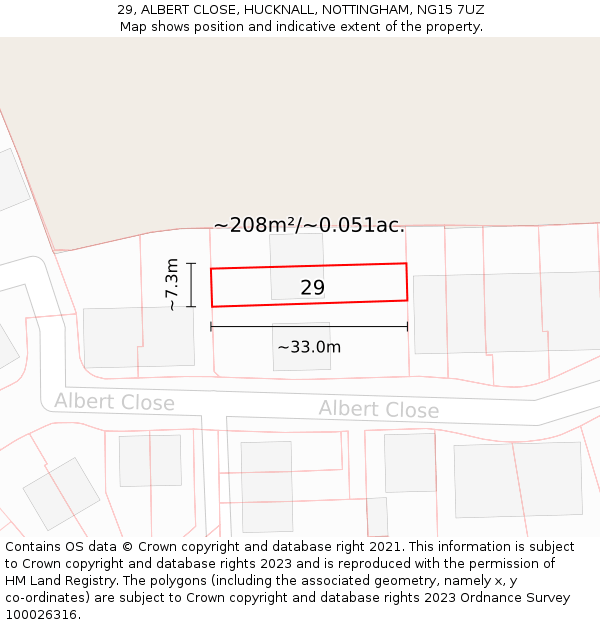 29, ALBERT CLOSE, HUCKNALL, NOTTINGHAM, NG15 7UZ: Plot and title map