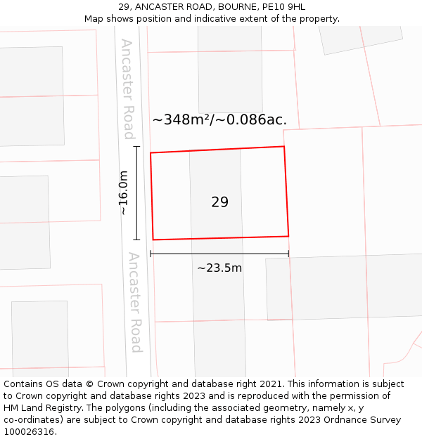 29, ANCASTER ROAD, BOURNE, PE10 9HL: Plot and title map