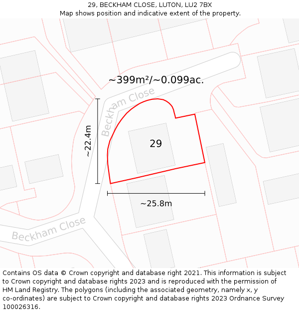 29, BECKHAM CLOSE, LUTON, LU2 7BX: Plot and title map