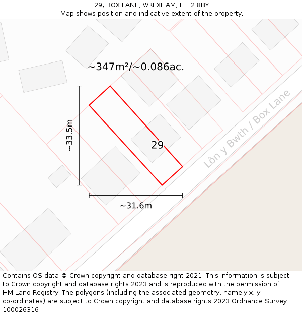 29, BOX LANE, WREXHAM, LL12 8BY: Plot and title map