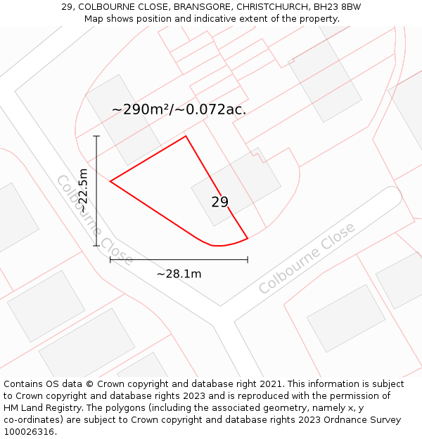 29, COLBOURNE CLOSE, BRANSGORE, CHRISTCHURCH, BH23 8BW: Plot and title map