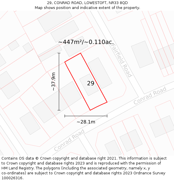 29, CONRAD ROAD, LOWESTOFT, NR33 8QD: Plot and title map