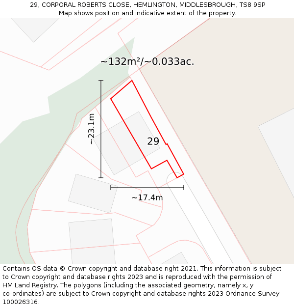 29, CORPORAL ROBERTS CLOSE, HEMLINGTON, MIDDLESBROUGH, TS8 9SP: Plot and title map