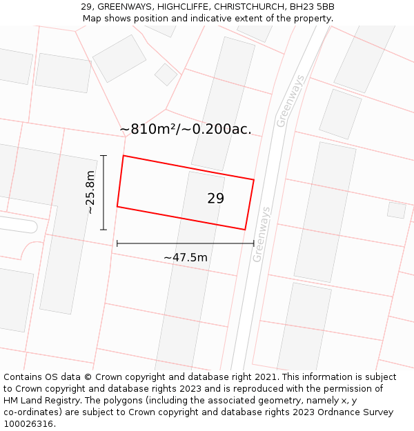 29, GREENWAYS, HIGHCLIFFE, CHRISTCHURCH, BH23 5BB: Plot and title map