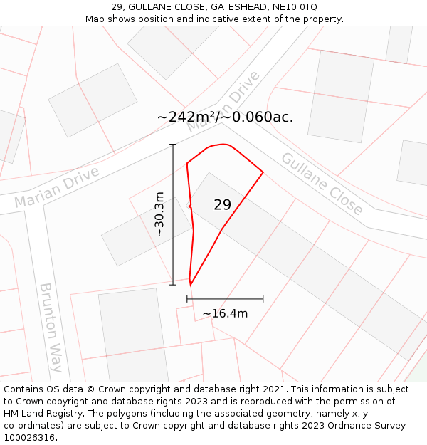 29, GULLANE CLOSE, GATESHEAD, NE10 0TQ: Plot and title map