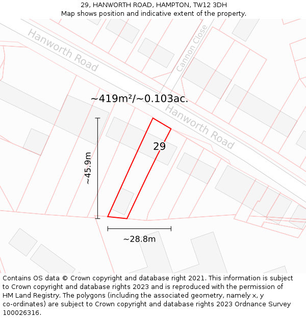 29, HANWORTH ROAD, HAMPTON, TW12 3DH: Plot and title map