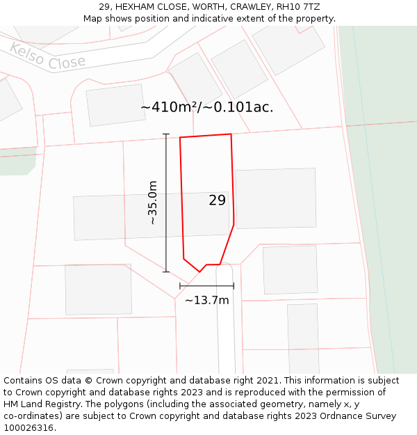 29, HEXHAM CLOSE, WORTH, CRAWLEY, RH10 7TZ: Plot and title map