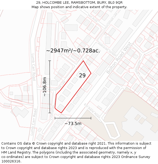 29, HOLCOMBE LEE, RAMSBOTTOM, BURY, BL0 9QR: Plot and title map