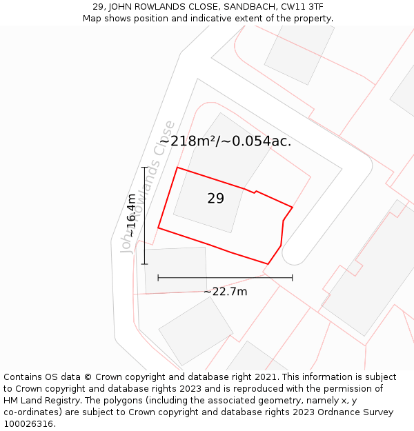 29, JOHN ROWLANDS CLOSE, SANDBACH, CW11 3TF: Plot and title map