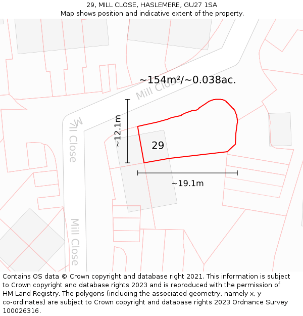 29, MILL CLOSE, HASLEMERE, GU27 1SA: Plot and title map