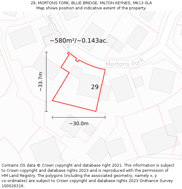 29, MORTONS FORK, BLUE BRIDGE, MILTON KEYNES, MK13 0LA: Plot and title map