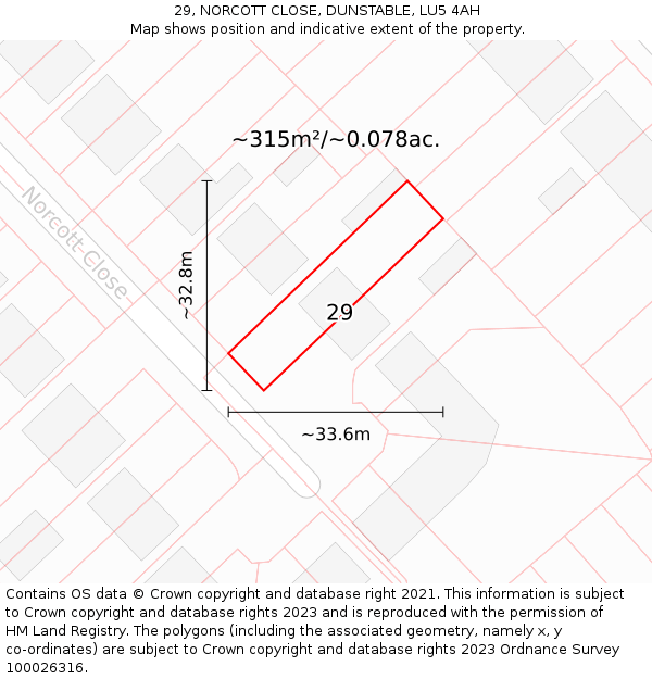 29, NORCOTT CLOSE, DUNSTABLE, LU5 4AH: Plot and title map