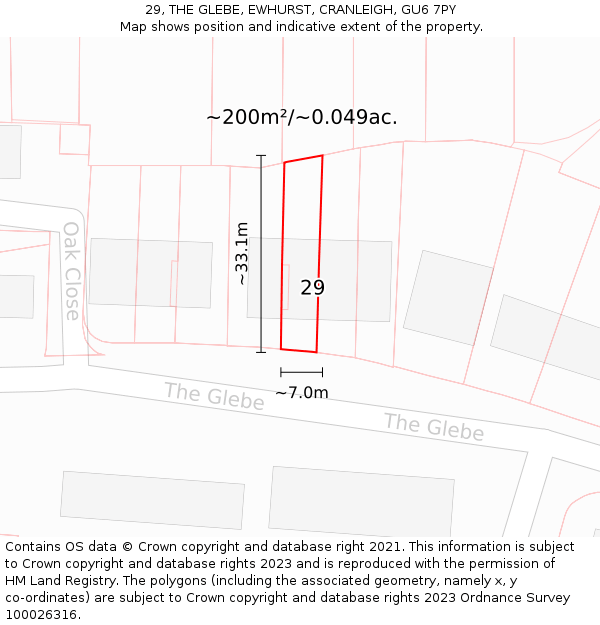 29, THE GLEBE, EWHURST, CRANLEIGH, GU6 7PY: Plot and title map
