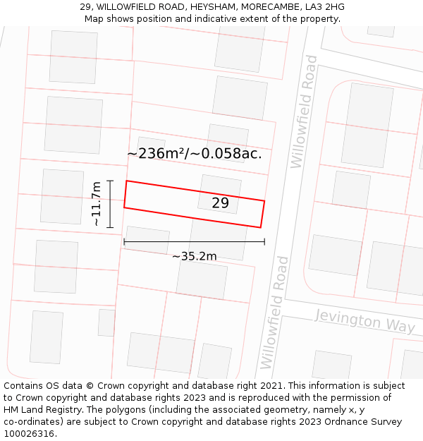 29, WILLOWFIELD ROAD, HEYSHAM, MORECAMBE, LA3 2HG: Plot and title map
