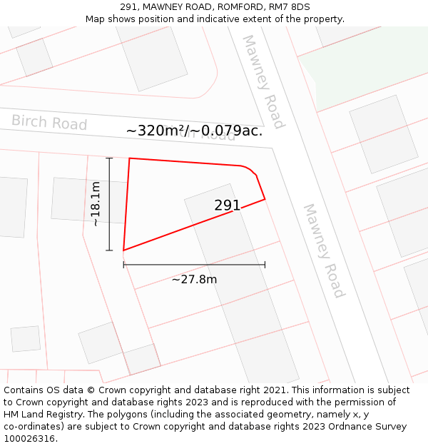 291, MAWNEY ROAD, ROMFORD, RM7 8DS: Plot and title map