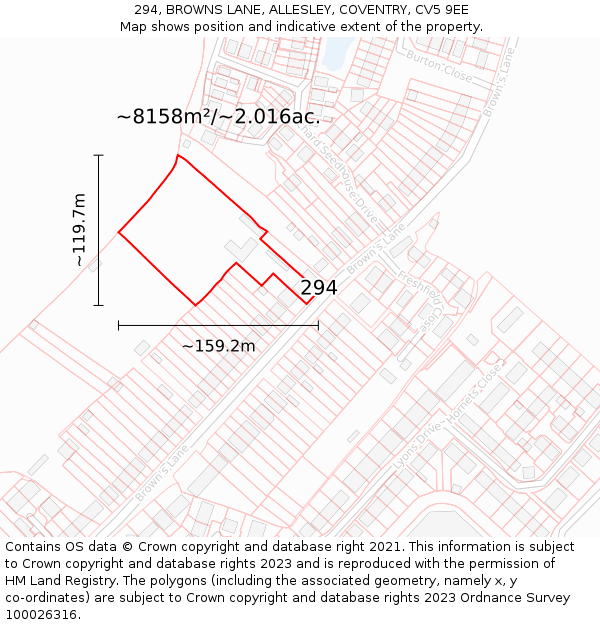 294, BROWNS LANE, ALLESLEY, COVENTRY, CV5 9EE: Plot and title map
