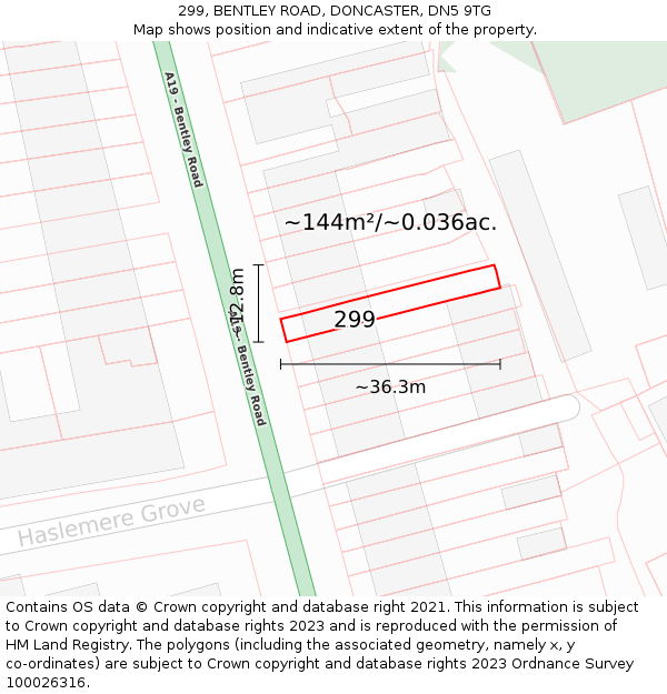 299, BENTLEY ROAD, DONCASTER, DN5 9TG: Plot and title map