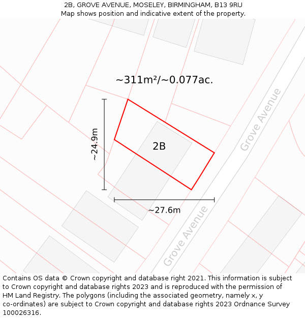 2B, GROVE AVENUE, MOSELEY, BIRMINGHAM, B13 9RU: Plot and title map