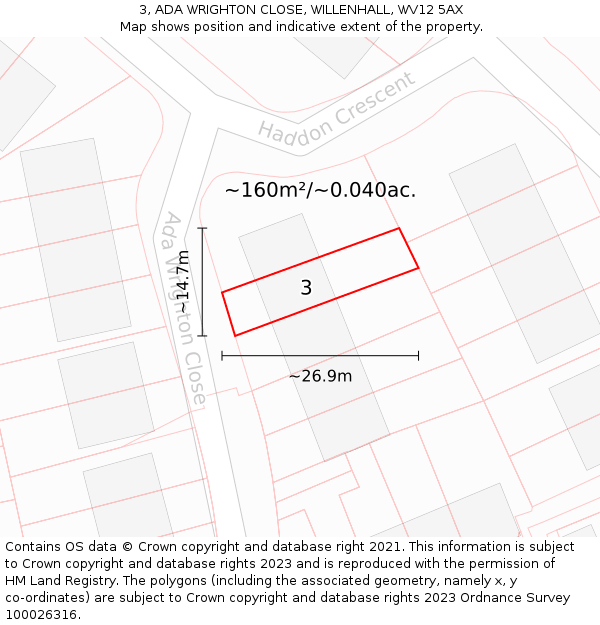 3, ADA WRIGHTON CLOSE, WILLENHALL, WV12 5AX: Plot and title map