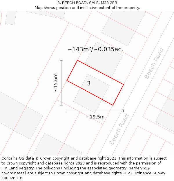 3, BEECH ROAD, SALE, M33 2EB: Plot and title map