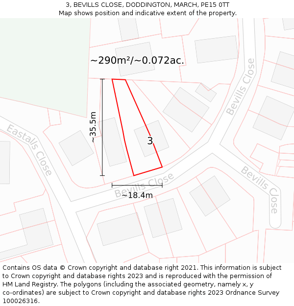 3, BEVILLS CLOSE, DODDINGTON, MARCH, PE15 0TT: Plot and title map