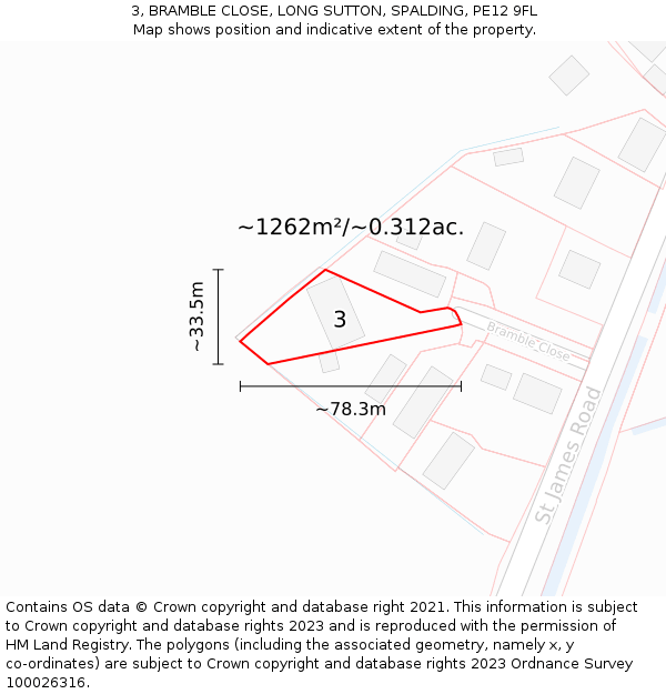3, BRAMBLE CLOSE, LONG SUTTON, SPALDING, PE12 9FL: Plot and title map