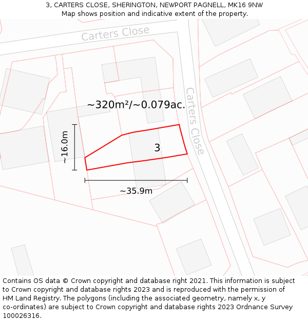 3, CARTERS CLOSE, SHERINGTON, NEWPORT PAGNELL, MK16 9NW: Plot and title map