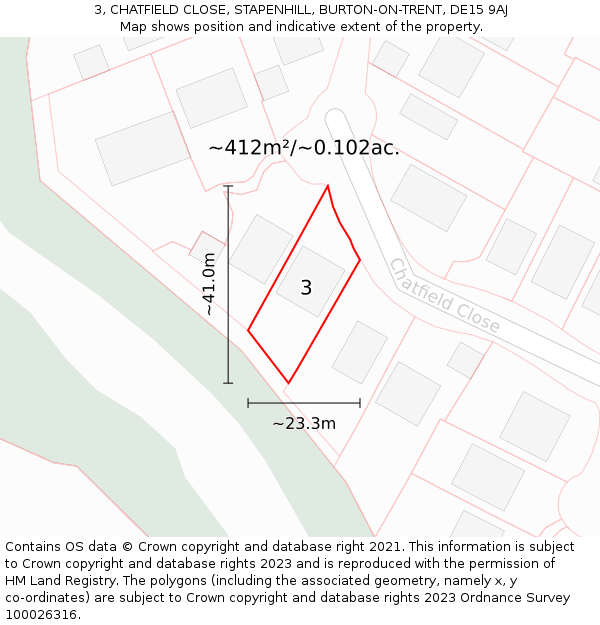 3, CHATFIELD CLOSE, STAPENHILL, BURTON-ON-TRENT, DE15 9AJ: Plot and title map